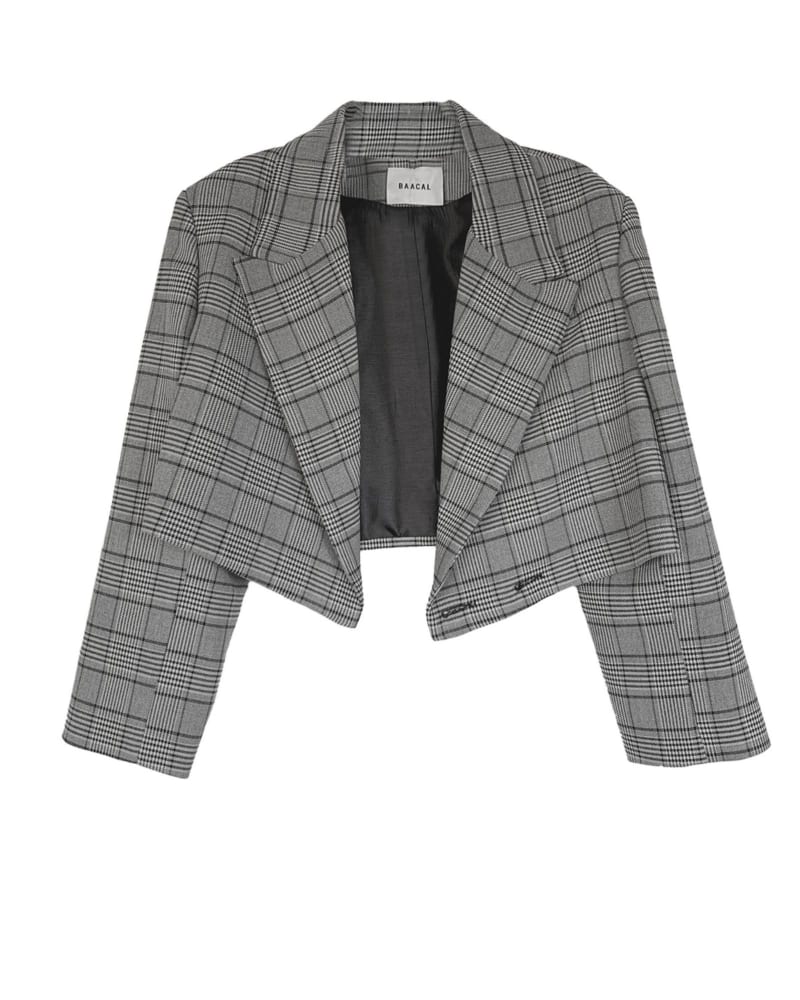 Front of a size 3 The Cropped Blazer in Plaid in Plaid by BAACAL. | dia_product_style_image_id:316017